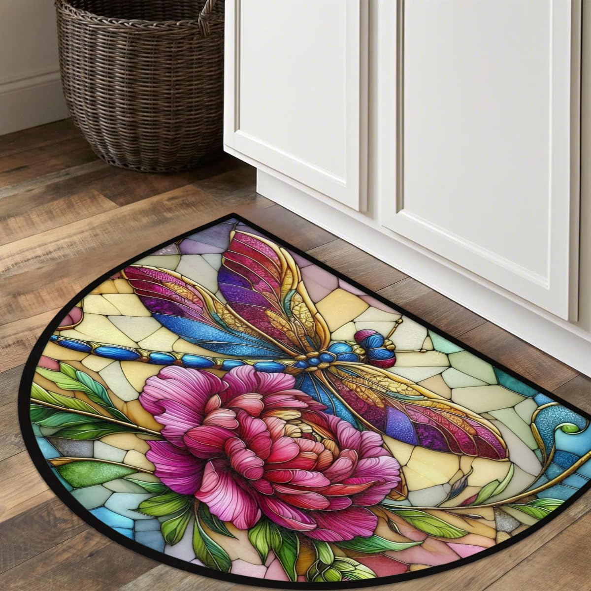 Half Round Doormat Butterfly Flower Colorful Semi Circle Rug Non Slip Indoor Outdoor Entrance Half Moon Rug Washable Front Floor Mat for Kitchen Bathroom Patio Fireplace Holiday Decor (A03:dragonfly Flower)