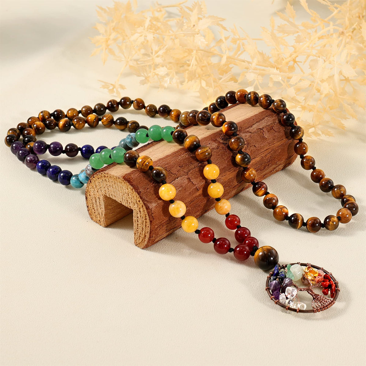 108 Mala Beads Necklace Life Tree 7 Chakra Wrap Bracelet Real Gemstone Yoga Meditation Hand Knotted Mala Prayer Bead Necklace (8mm / Tiger Eye Stone)