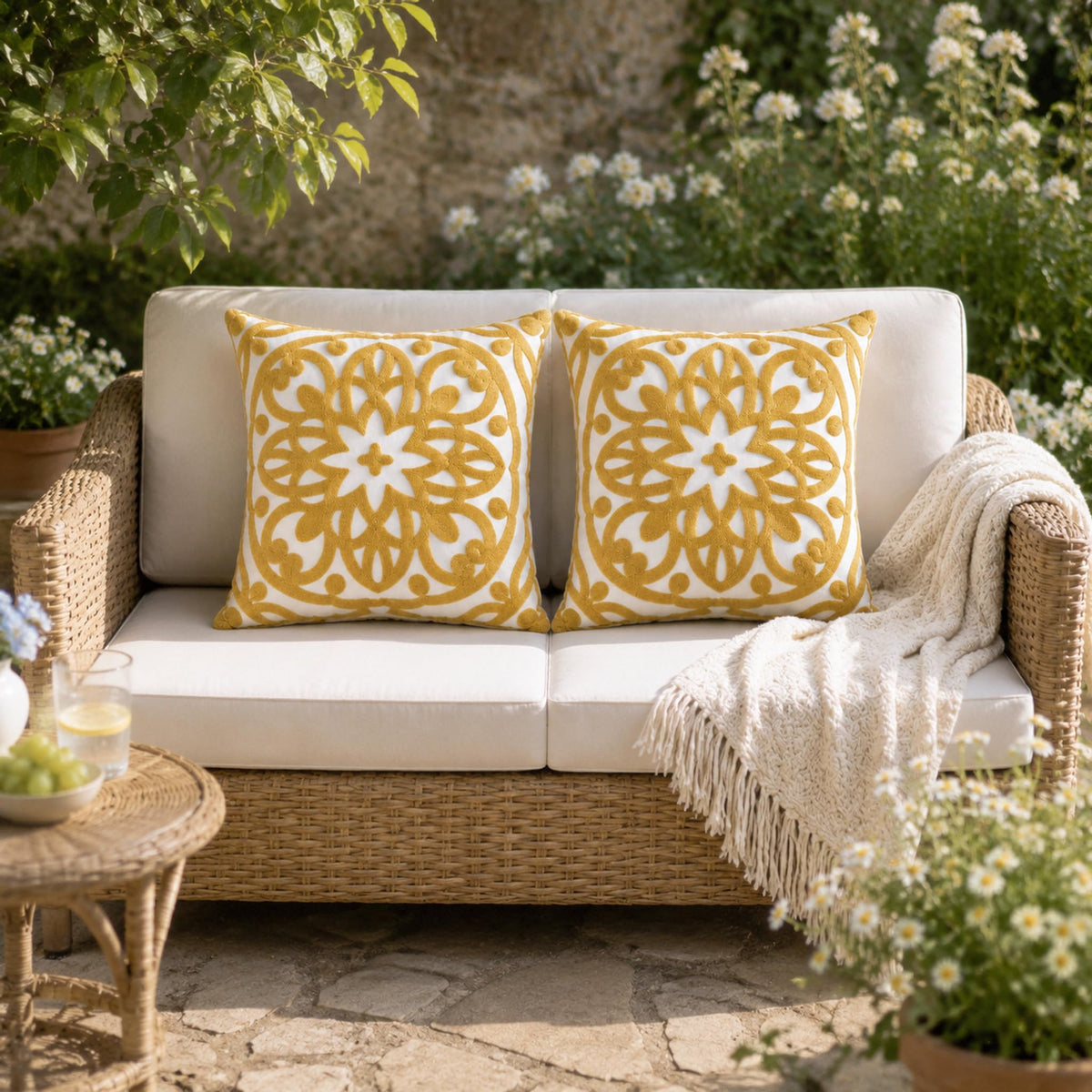 Boho Embroidered Throw Pillow Cover 18"x18" (Gold / 18" x 18" (Pack of 2))
