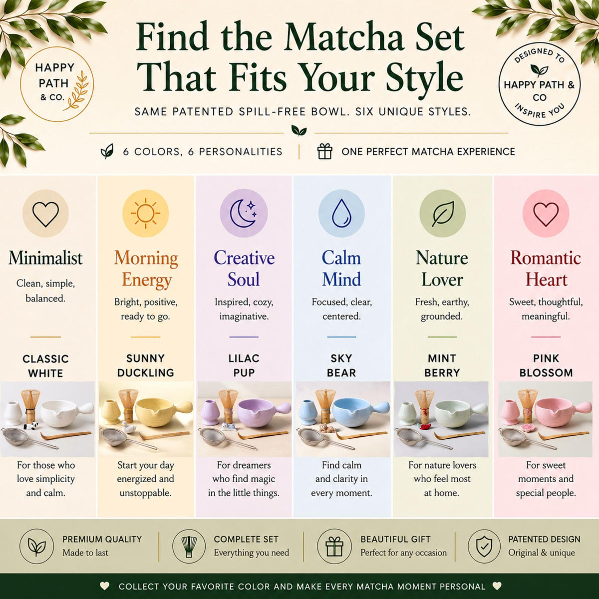 HAPPY PATH & CO Patented Matcha Bowl Set with Handle & Spout (Sunny Duckling - Pastel Yellow)