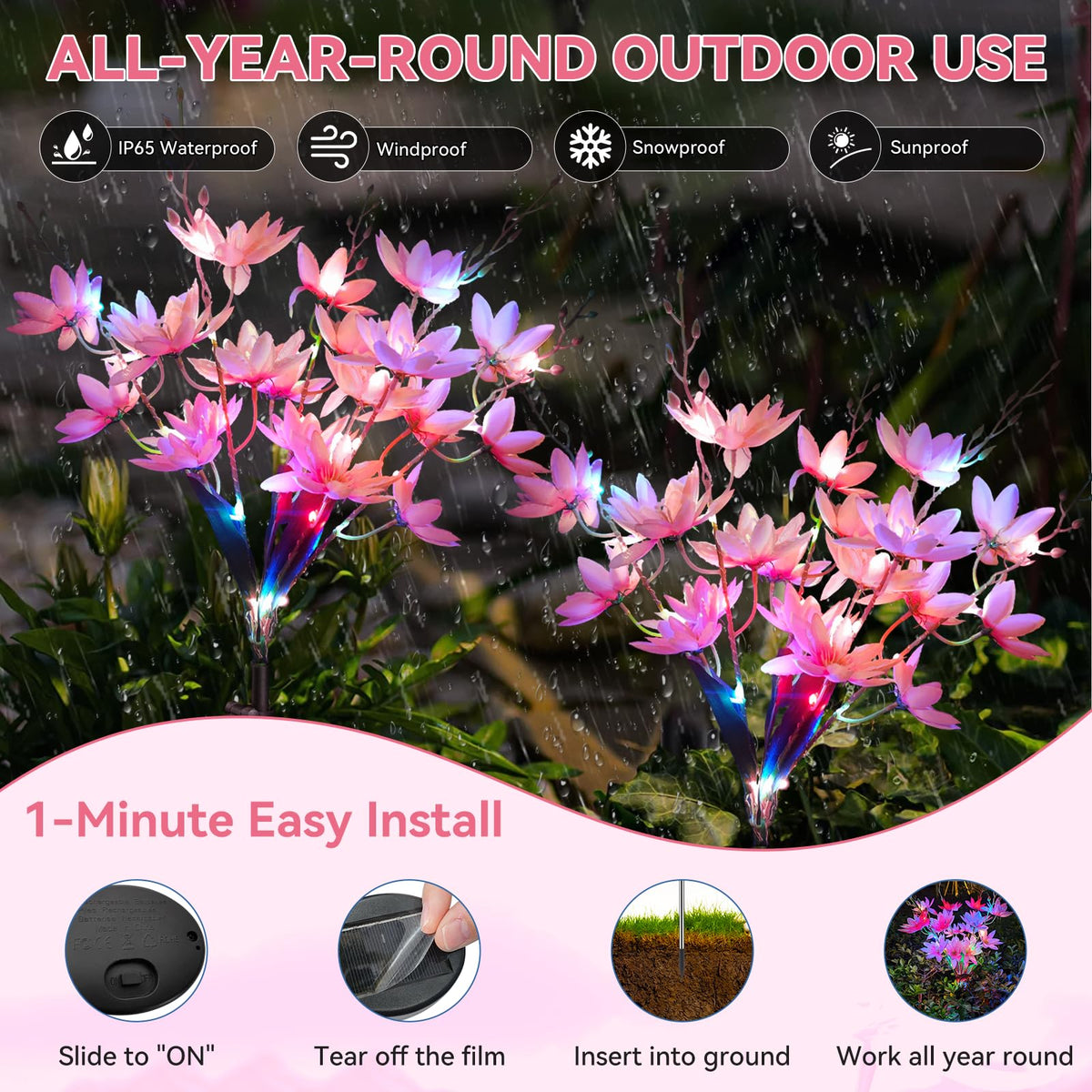 Solar Flowers Outdoor Waterproof IP65 (Pink / 4 Packs)