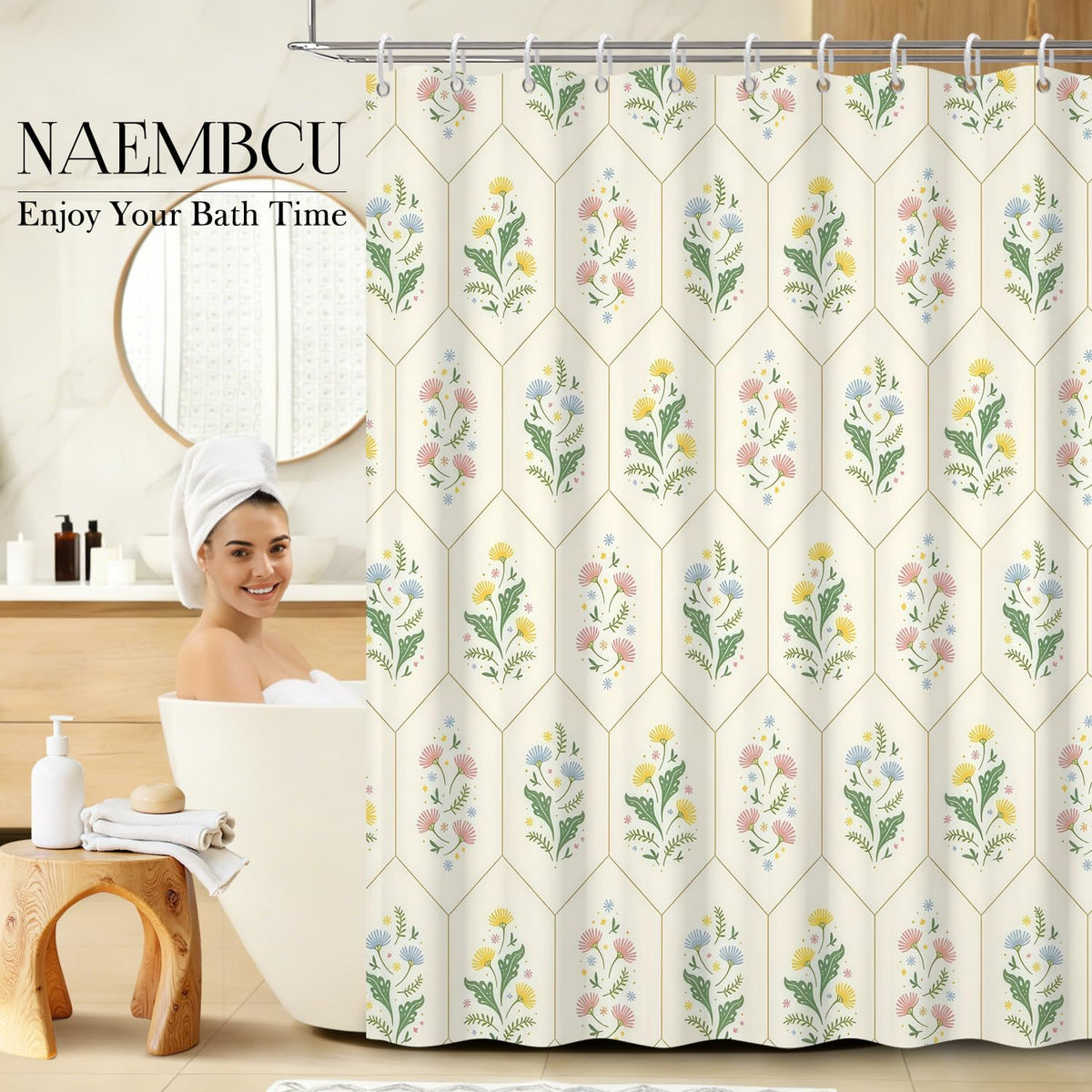 Floral Geometric Shower Curtain with Hooks (Colorful Floral / 72"W x 72"L (Pack of 1))
