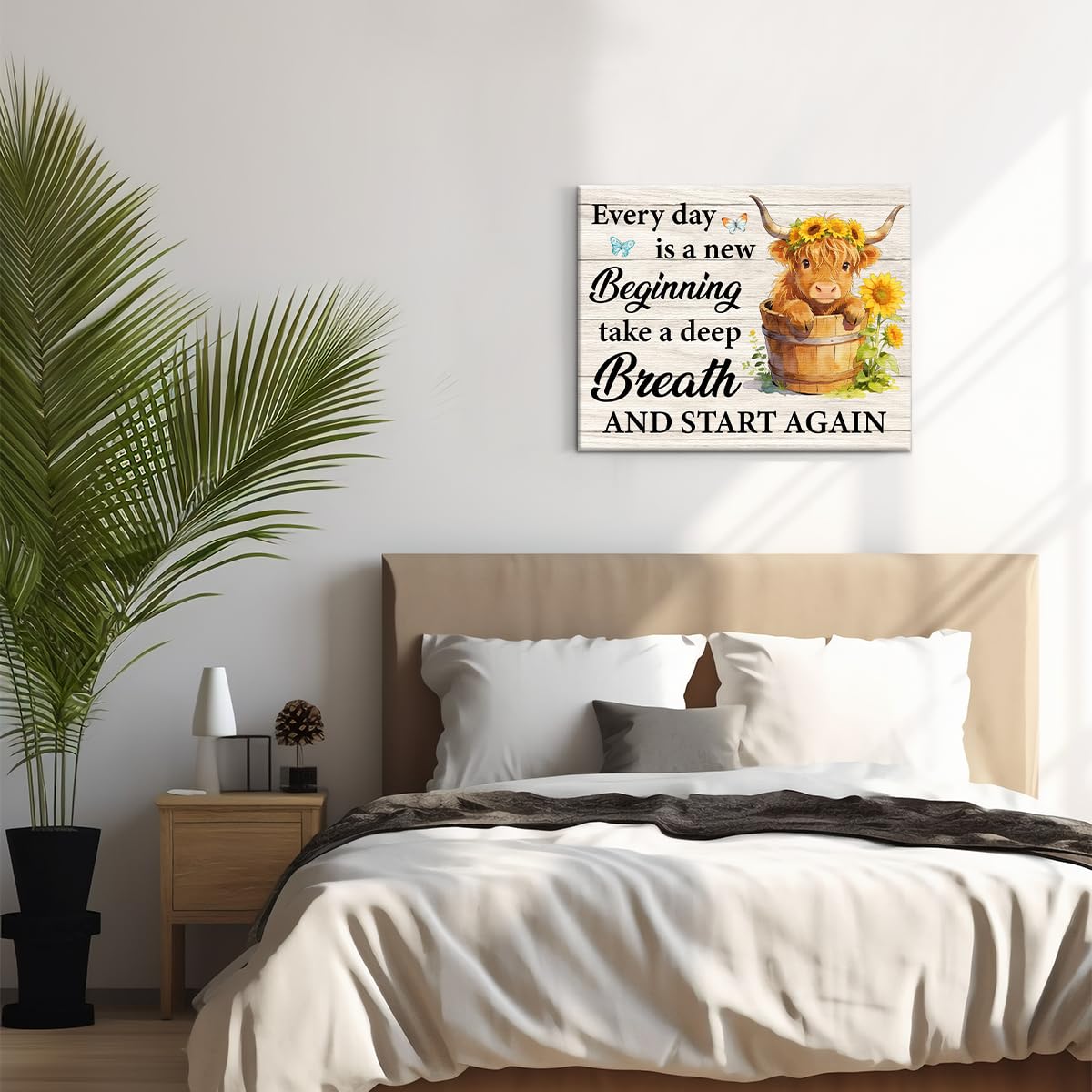 Highland Cow Motivational Canvas Wall Art Highland Cow Sunflower Picture (Highland Cow Motivational)