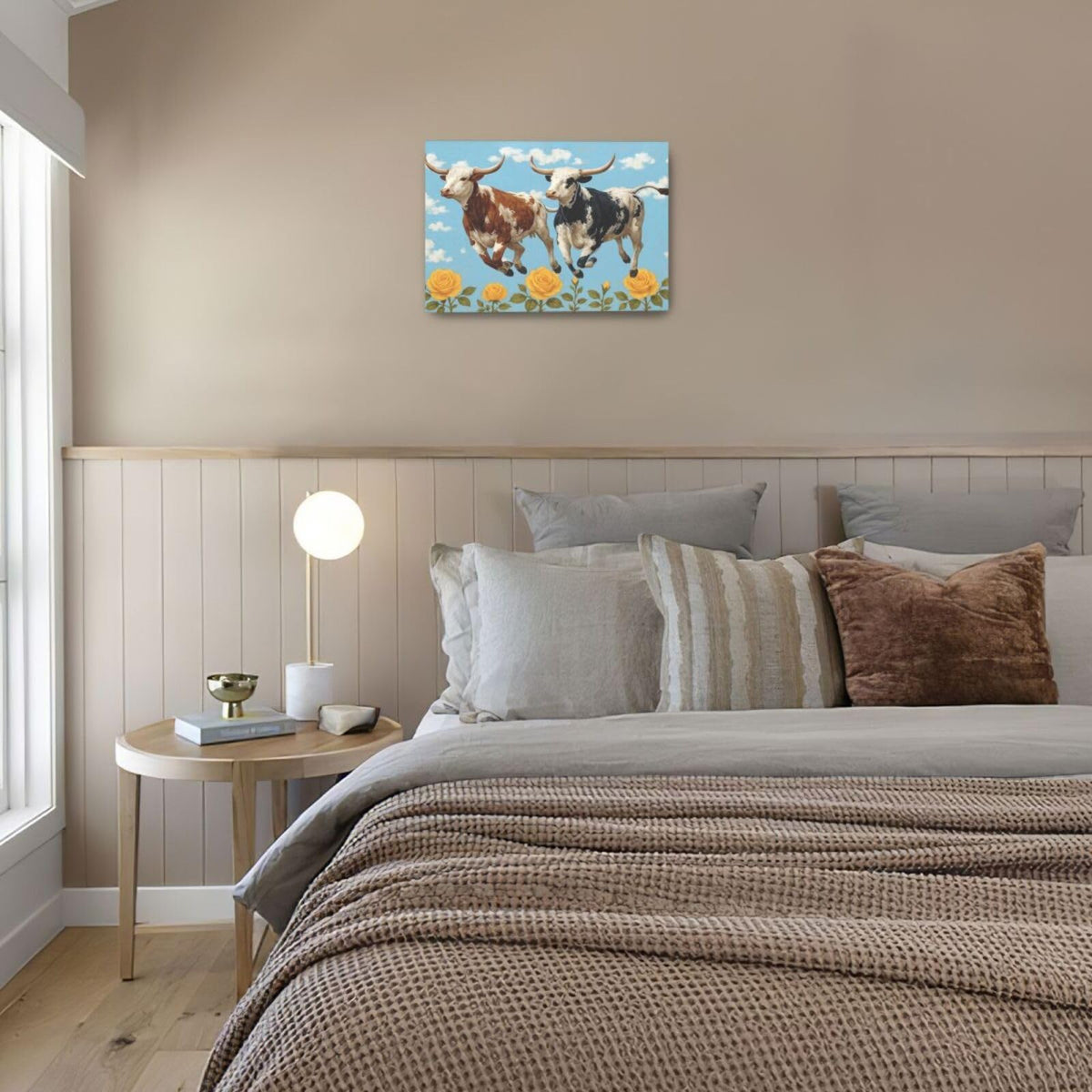 Longhorn Wall Decor Funny Cow Canvas Wall Art Cute Cattle Pictures Painting Artwork Framed Decoration for Bedroom Bathroom Living Room Kitchen Dining Room Office 16"x24" (Longhorn / 24L"×16W")