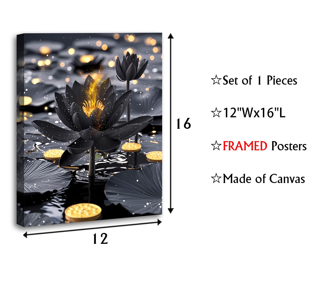 Framed Black and Gold Lotus Floral Wall Art Prints (Framed 12"X16"- Black Lotus Art Prints)