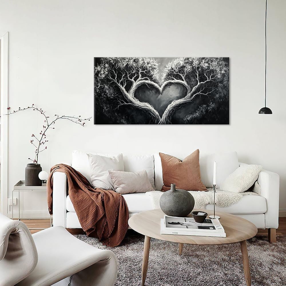 White Oil Painting Heart Tree Wall Art for Living Room Office Romantic Art Love Symbol Painting Prints Vintage Canvas Artwork Dining Bedroom Decor Extra Large (Contemporary / Black White Heart Tree Wall Art / 58"L x 28"W)