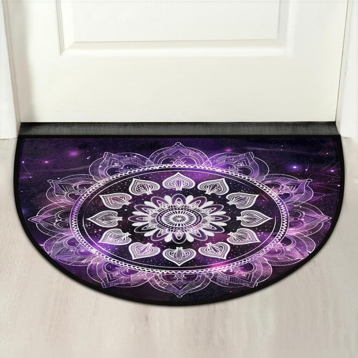 Purple Mandala Flower Half Round Door Mat Non Slip Semi Circle Doormat Low Profile Front Door Mat for Patio Porch Kitchen Bathroom Entryway (Purple Mandala Flower)