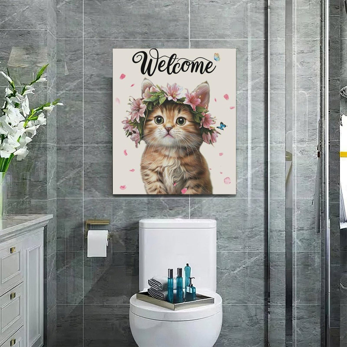 Cat Wall Art Welcome Cats Pictures Wall Decor Flower Cat Canvas Painting Home Modern Artwork Decorations Framed for Bathroom Living Room Bedroom Office 20 x 24 inch (24L" x 20W" / Cat)