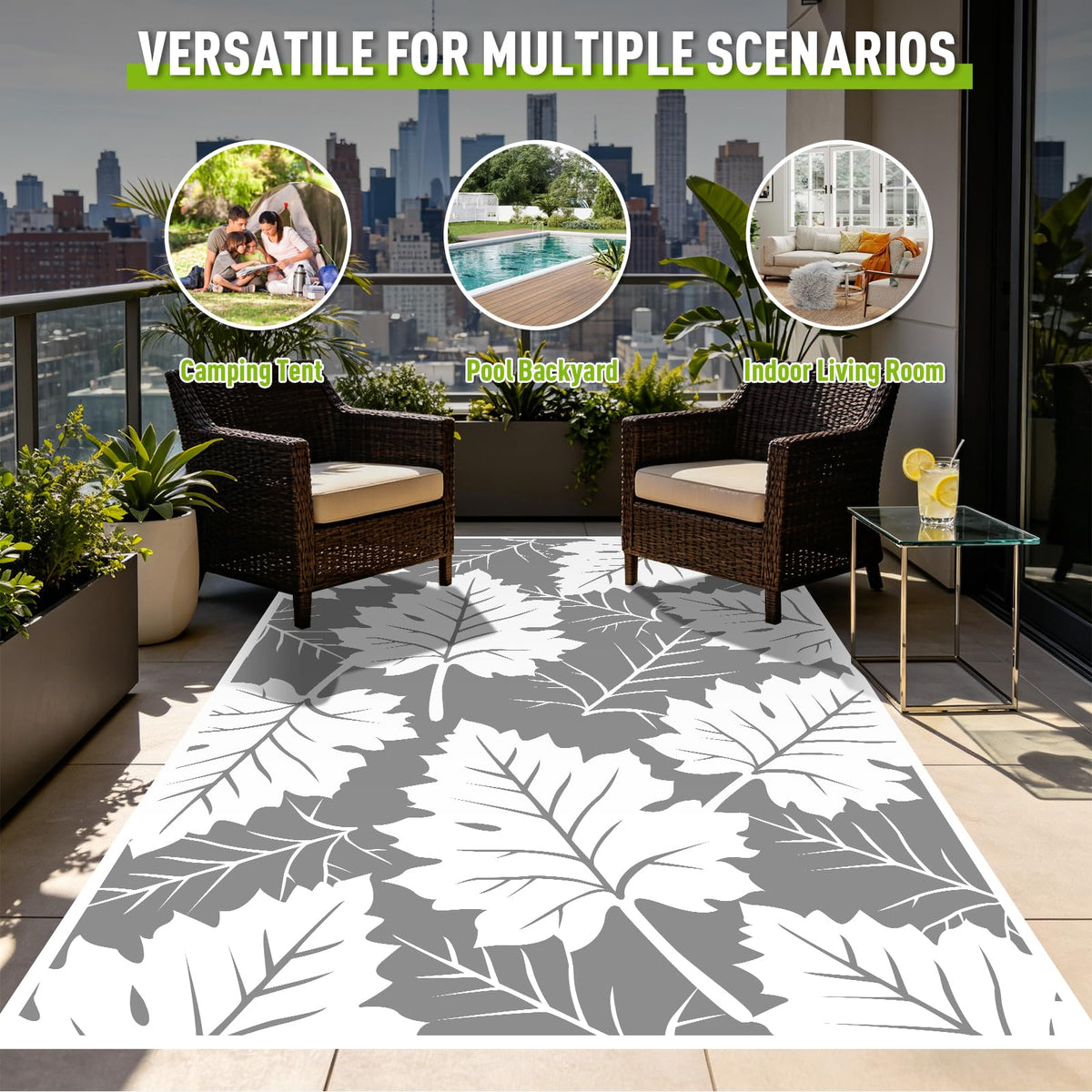 Outdoor Rug 5x8 ft Waterproof plastic Mat For RV Backyard Deck Patio Grey (Maple Leaf / 5x8 Feet)