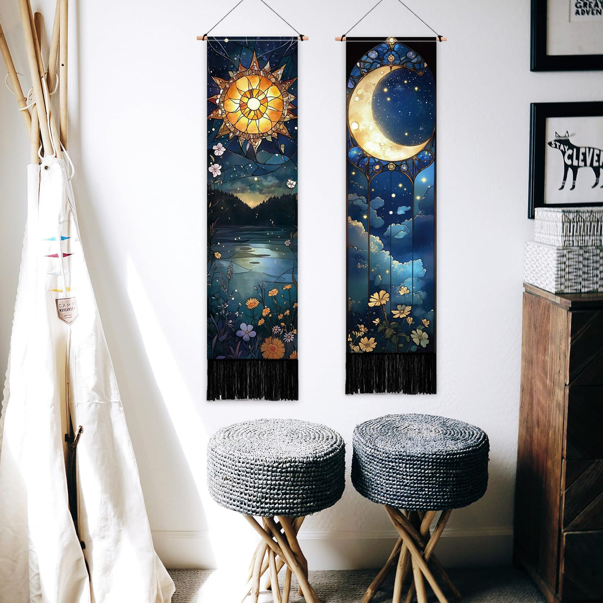 2 Pack Sun Moon Tapestry with Tassels (blue,yellow)