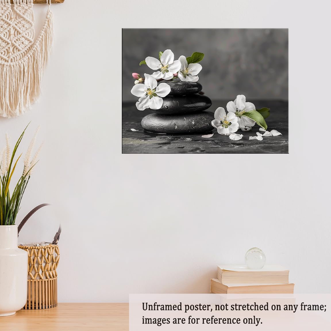 Zen Black Stones and White Flowers Wall Art (Unframed-9 / 12"L x 16"W)