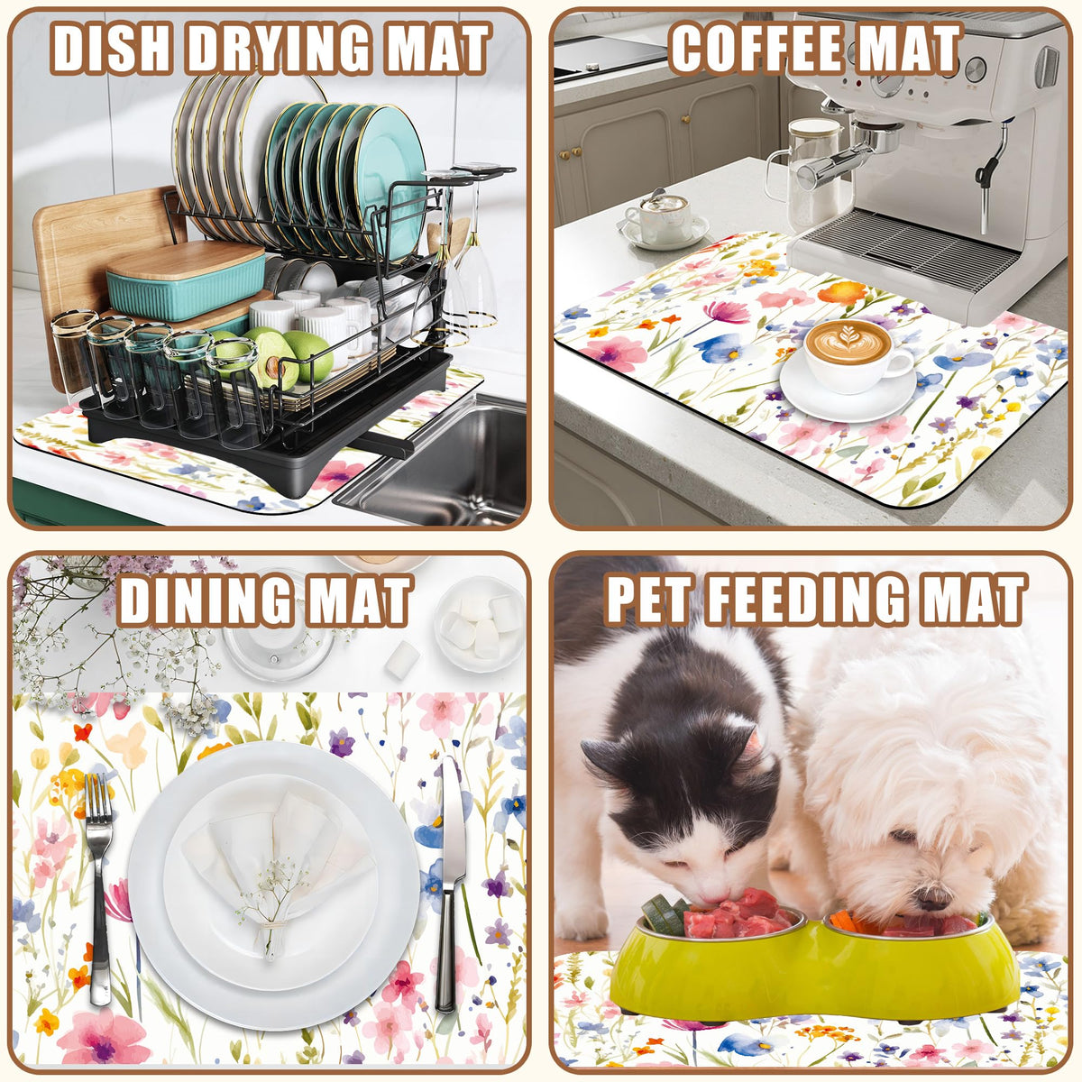 Watercolor Floral Meadow Coffee Mat Absorbent Dish Drying Mat for Kitchen Counter Hide Stain Rubber Backed Coffee Bar Accessories Fit Under Espresso Machine (15.7" x 23.6")