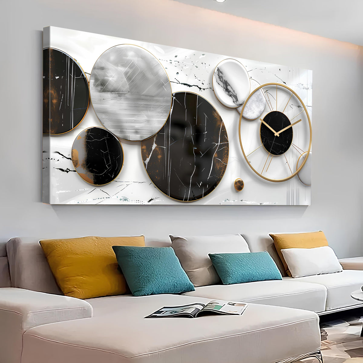 Modern Abstract Canvas Wall Art for Living Room Home Office Decor Black and White Gray Picture for Wall Decor Geometric Texture Marble Painting Clocks Prints Poster Artwork Decorations 30x60” (60"x30"x1 / ABSTRACT01)