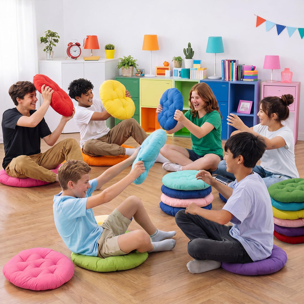 12 Pcs Round Floor Pillows Cushions Seating 16 x 16 Inches Floor Round Cushions for Kids Toddlers Flexible Reading Chair Pillows for Classroom Home School Playing Supplies (Classic Color)