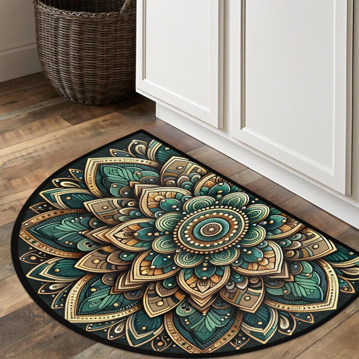 Mandala Ethnic Flower Half Round Door Mat Half Moon Rug Washable Half Circle Area Rugs Indoor Entrance Non Slip Semi Circle Bathroom Rugs Floor Carpet for Kithen Bedroom Fireplace Decor (Color 11)