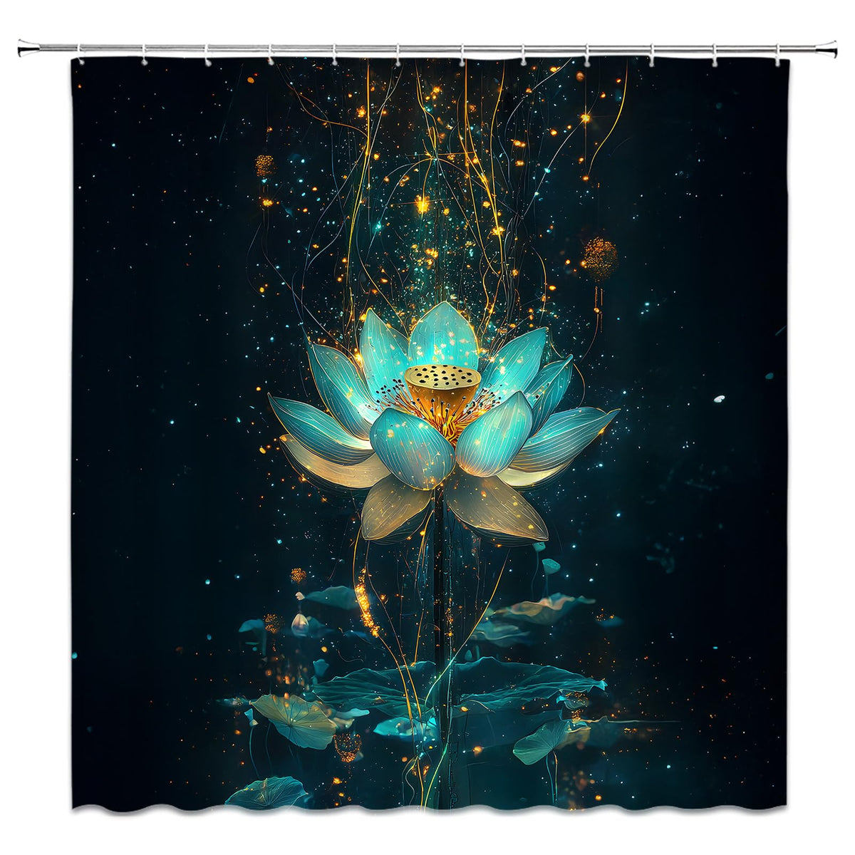 Lotus Shower Curtain Fantasy Flower Elegant Blooming Floral Relax Spa Zen Spiritual Polyester Fabric Bathroom Decor Set with Hooks (Black Teal / 84"Wx70"H)