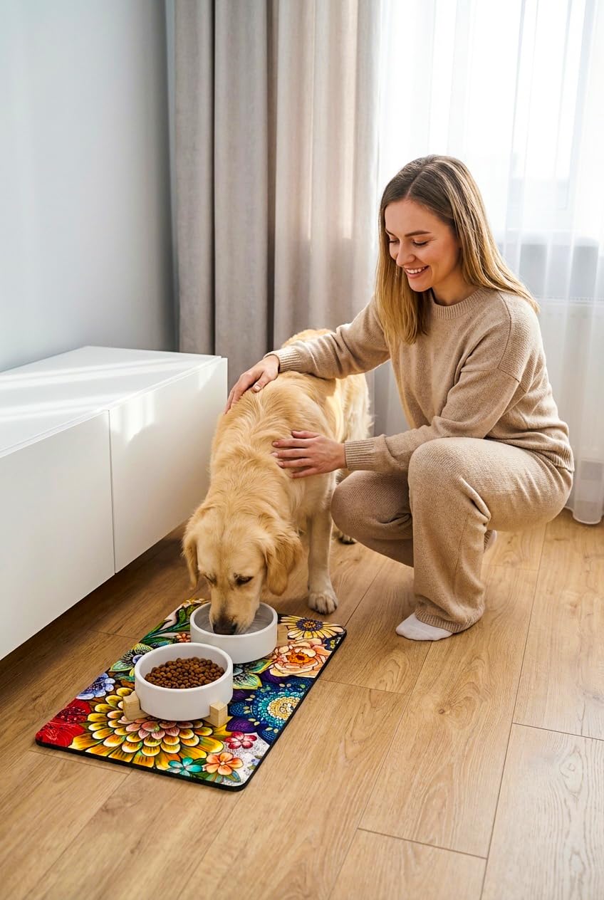 Dog Food Mat 12" x 19" Flower Absorbent Dog Cat Bowl Mat for Food and Water (Colorful Mandala / 12"L x 19"W)