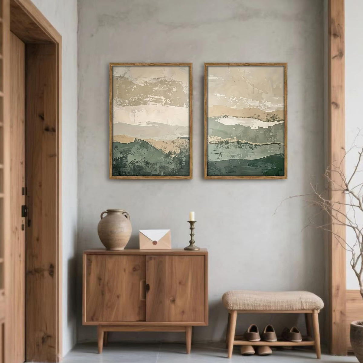 Green Abstract Landscape Wall Art Japanese Textured Mountain Canvas Print (Gray Green / 16x24 Inches)