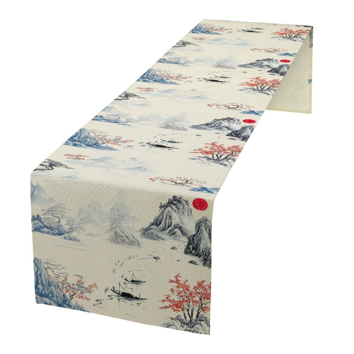 Chinese Ink Mountain Table Runner (13x90inch / Blue Mountain Boat)