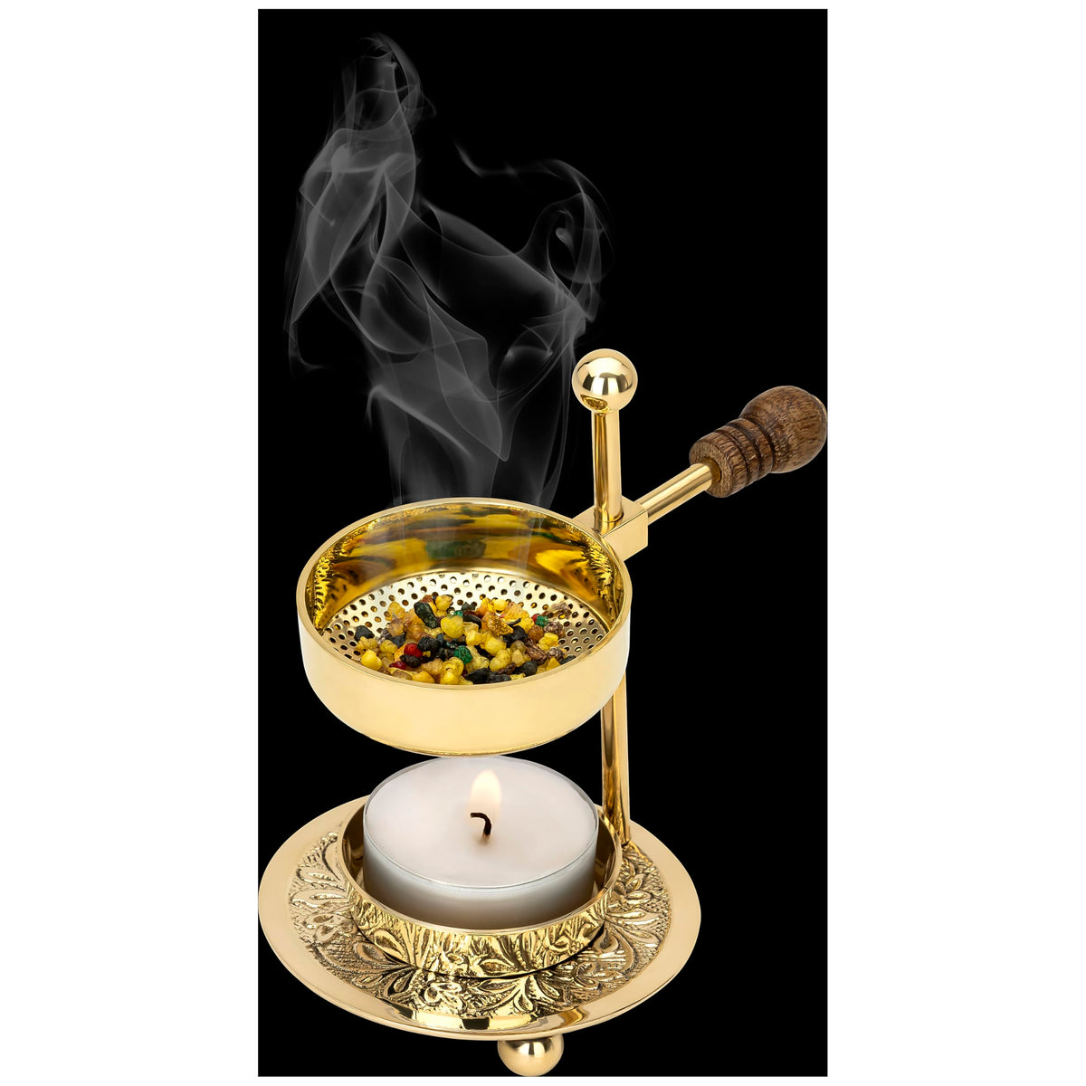 Handcrafted Adjustable Resin Incense Burner in Golden Brass with Wooden Handle (Gold Wooden Handle)