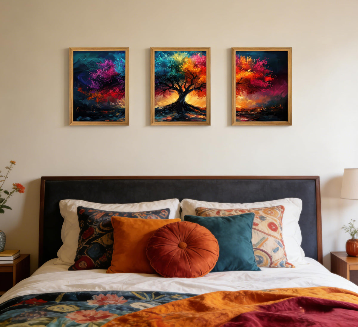 3Pcs Framed Colorful Tree of Life Canvas Wall Art (Multicolor / 16"L x 12"W)