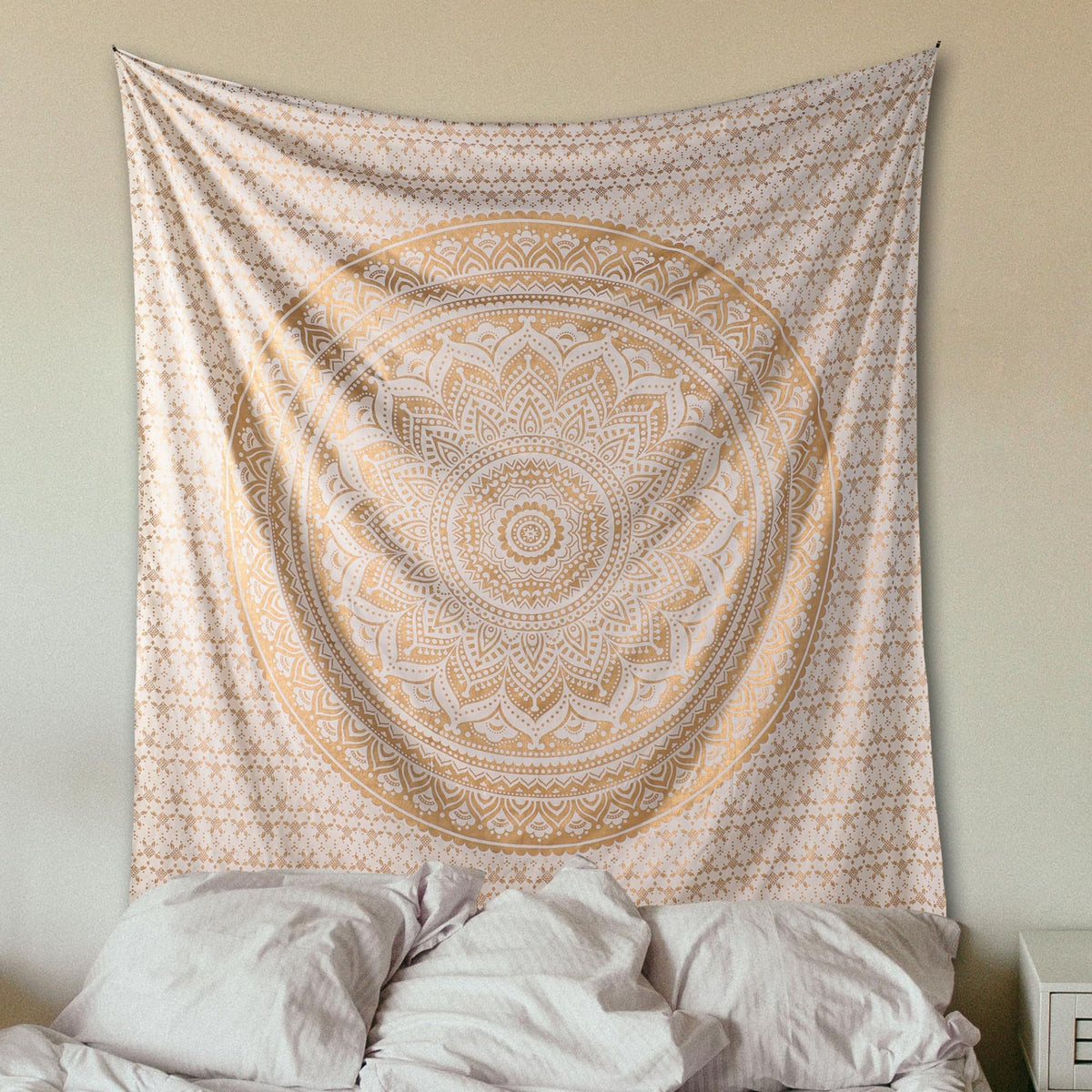 Original Gold Tapestry Wall Hanging Mandala (Gold and White / 54"L x 60"W)