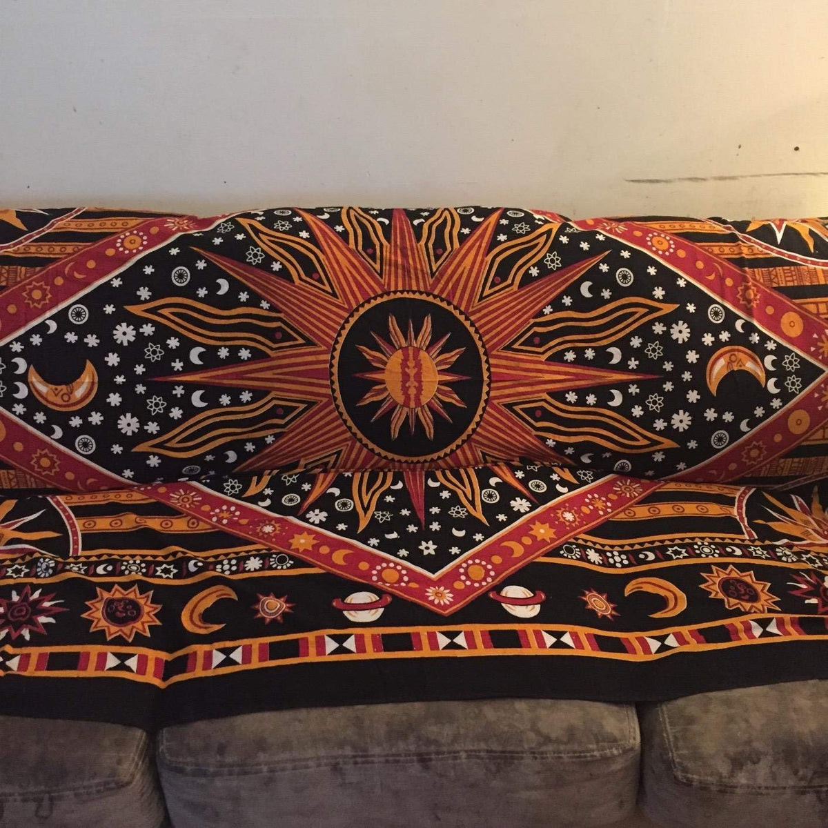 Wall Hanging Tapestry For Bedroom Hippie Burning Sun and Moon Meditation Bohemian Hippy Psychedelic Design Indian Tapestries Bedspread 30 x 40 Inches (40"L x 30"W / Golden)