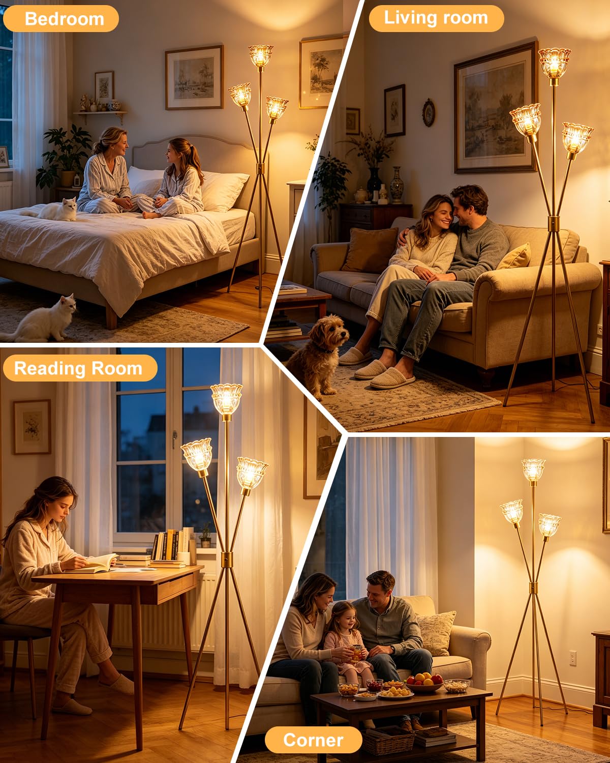 Amber Glass Tripod Floor Lamp Dimmable Gold Floor Flower Lamps