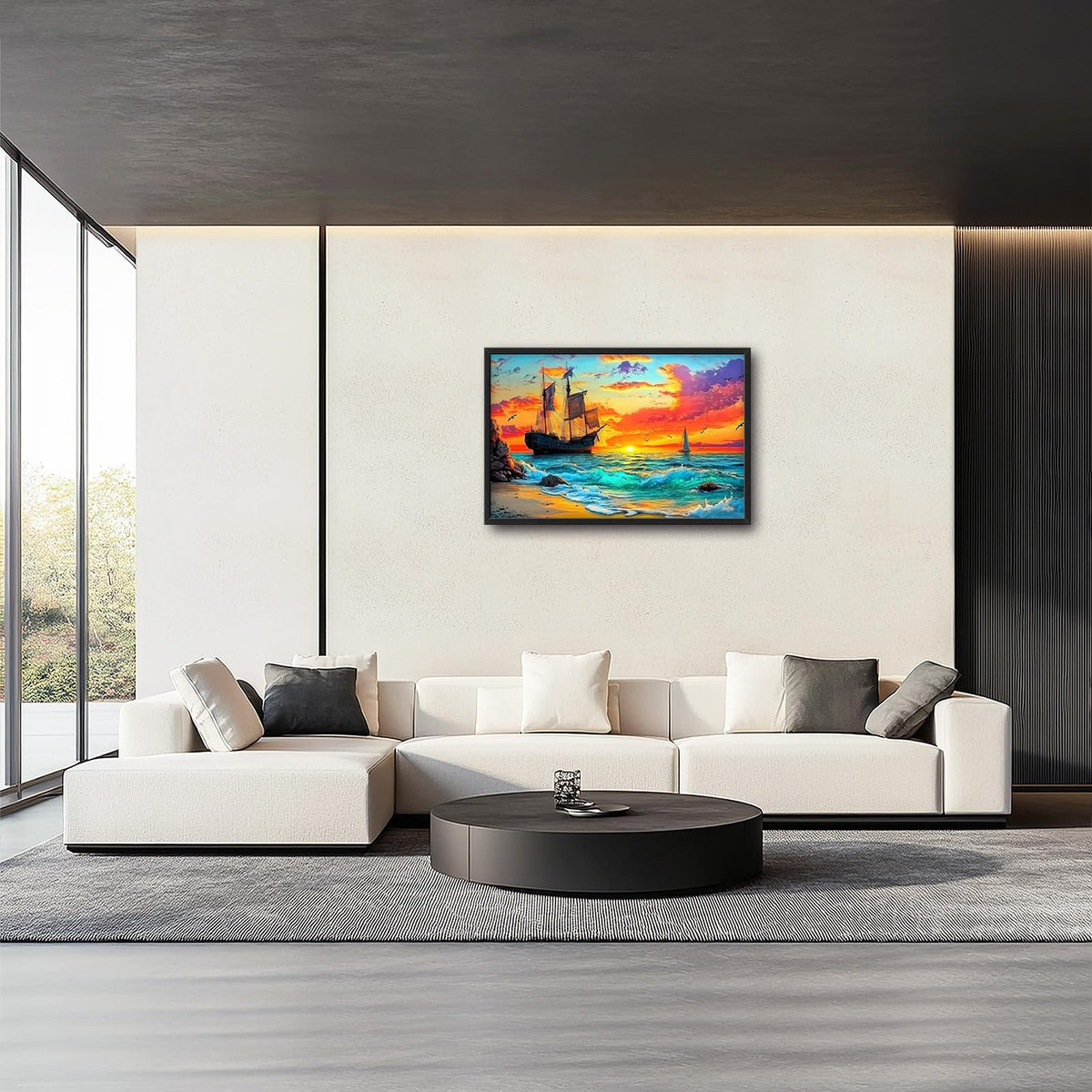 Large Framed Ship Wall Art Coastal Beach Boat Wall Decor 36"x24" (sea / 36"L x 24"W)