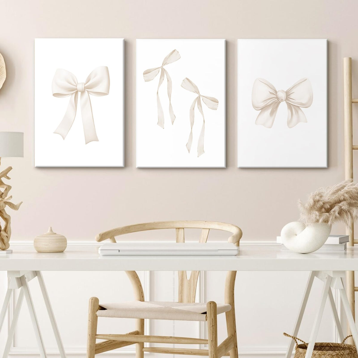 Bow Wall Art Coquette Room Canvas Decor Beige Bow Poster Preppy Wall Deocr Aesthetic Pictures Coquette Girly Posters Nursery Art Prints for Girls Bedroom 12x16 Inch Framed Set of 3 (Beige Bow Prints / 12x16 Inch Wrapped Canvas)