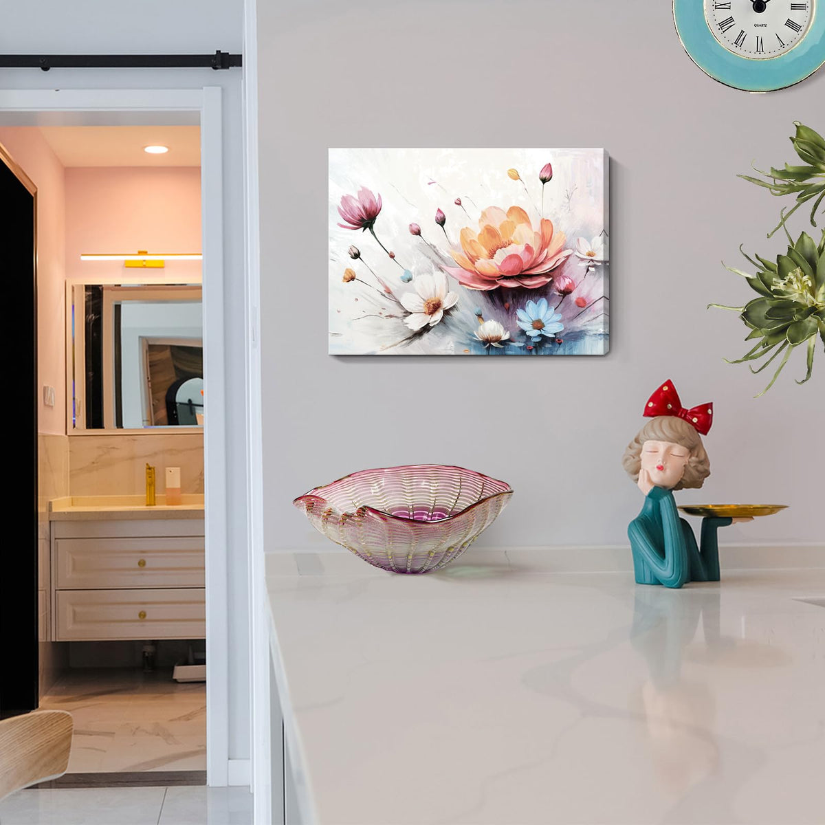 Canvas Wall Art Abstract Botanical Decor Pink White Blue Orange Colorful Flower Bouquet Print Small Size Art Work For Wall Decor Nature Landscape Canvas Picture For Bedroom Bathroom Office Dining Room 16X12In (Orange Pink Flower Wall Art / 16"L x 12"W)