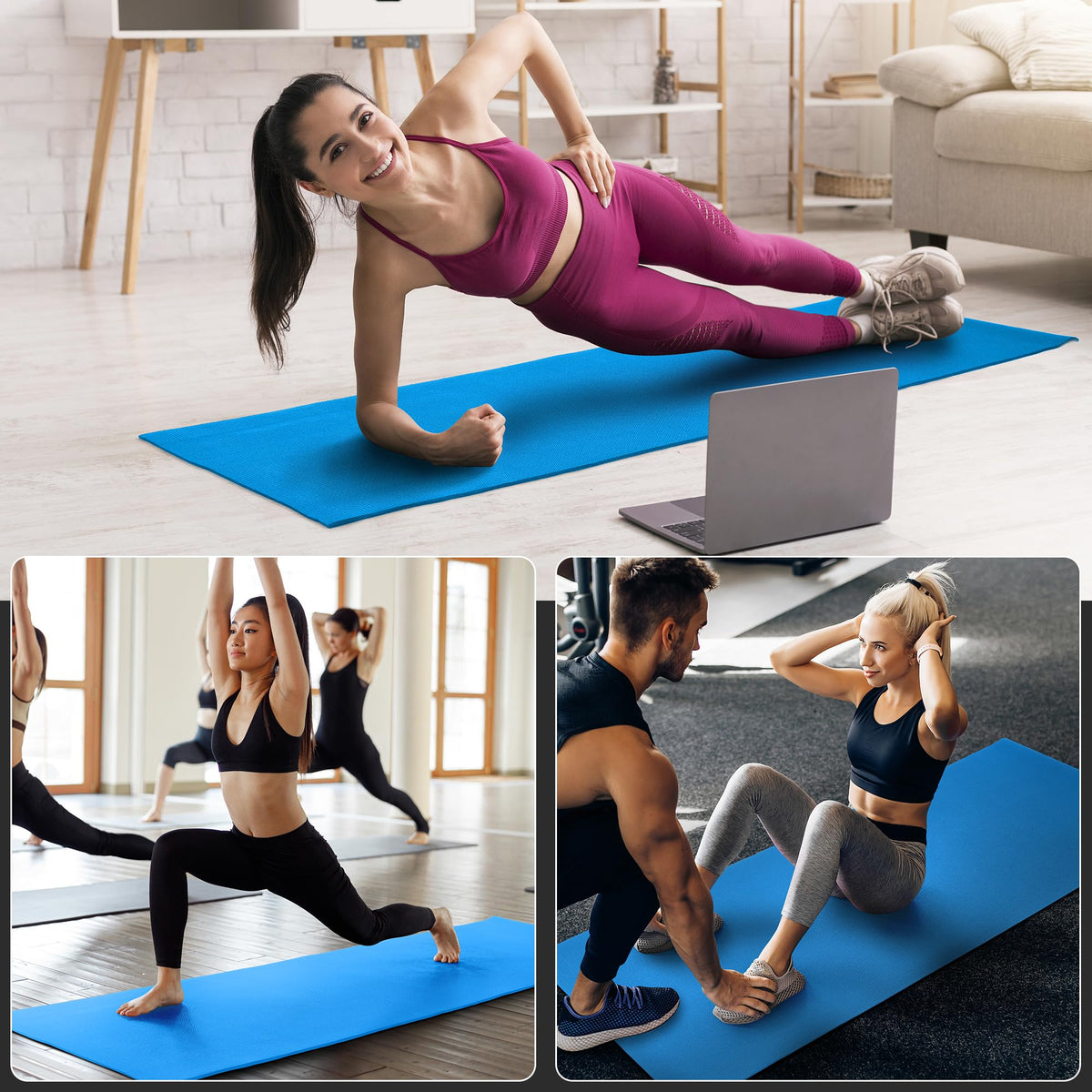 All Purpose 0.25 Inch Thick High Density No Tear Exercise Yoga Mat with Strap & Lightweight Features for Indoor & Outdoor Use (Blue)