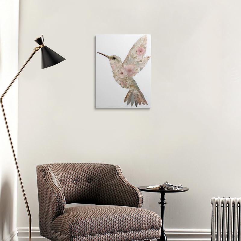 Romantic Hummingbird Art Vintage Style Framed Collage Wall Decor Made from Floral Illustrations & Lace in Soft Pink Cream Sage Green Tones Nature Themed Artwork for Living Room 16x24 Inches (Hummingbird / 24"L x 16"W)