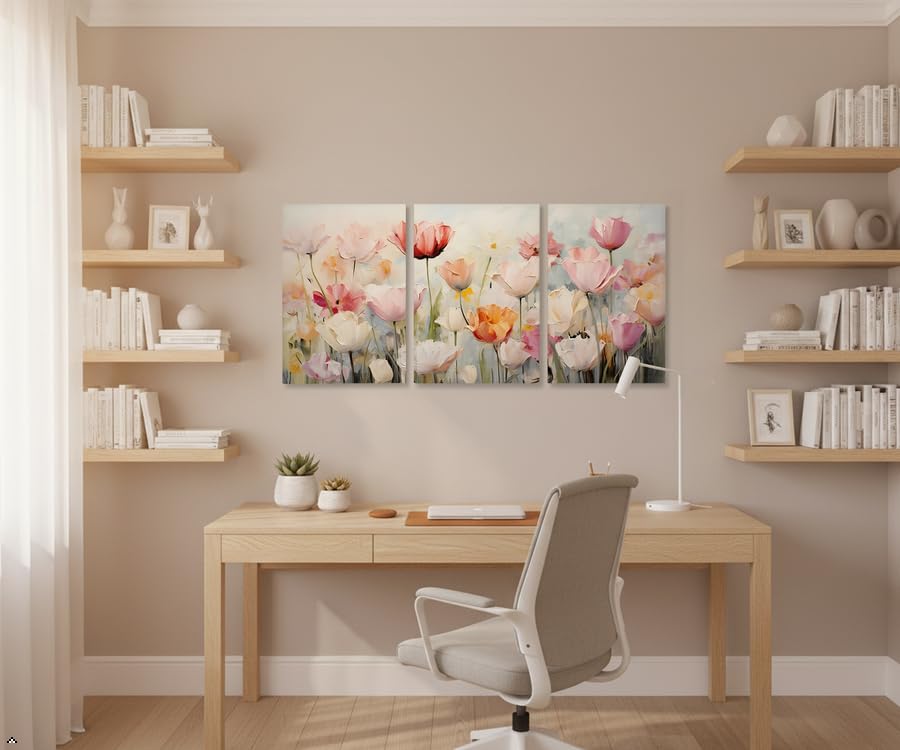 3 Piece Pink Tulip Canvas Wall Art Triptych (hua / 24"L x 16"W)