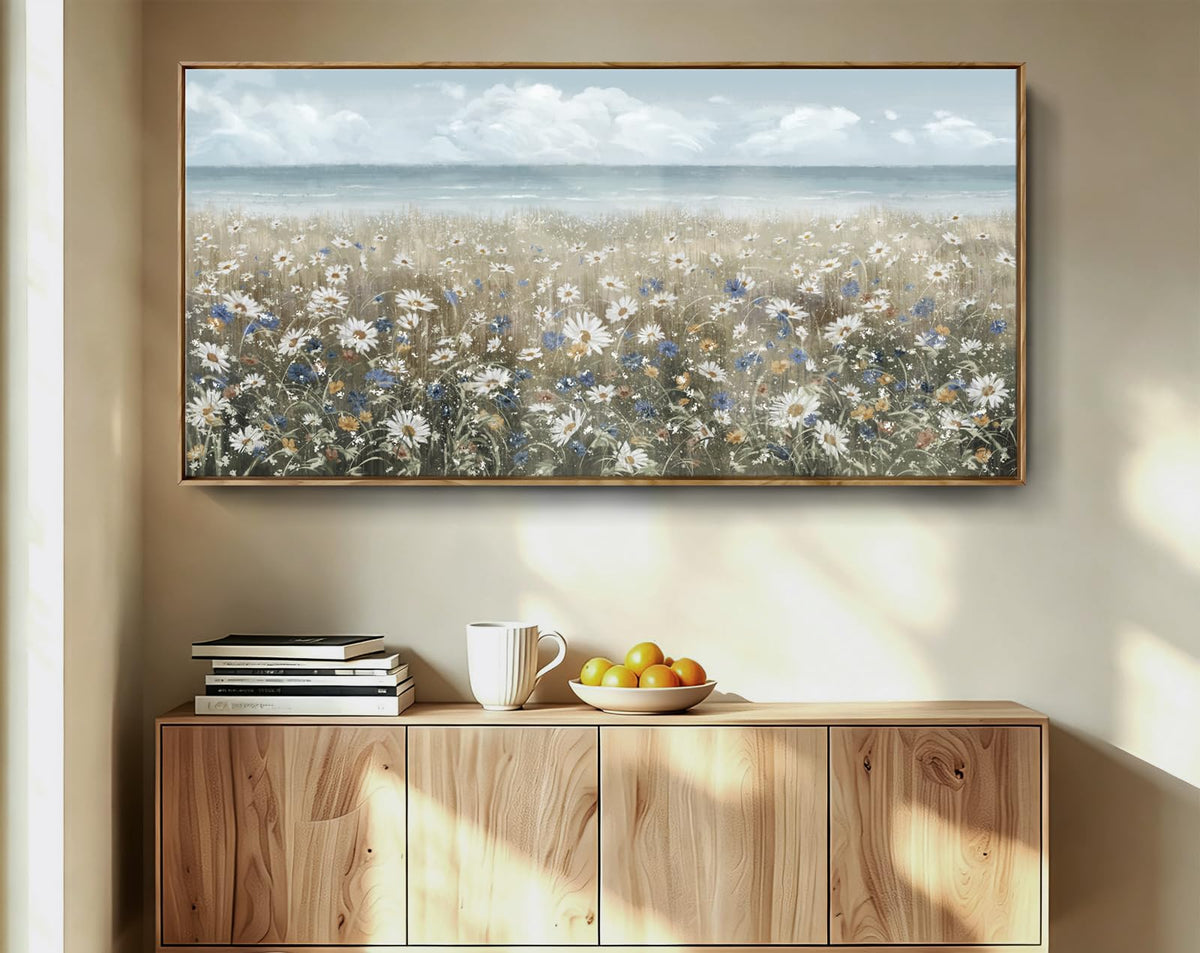Large Wall Art for Living Room Framed Boho Beach Coastal Floral Ocean Wall Picture Farmhouse Daisy Flower Sea Canvas Print Nautical Neutral Vintage Warm Artwork Home Bedroom Office Decor 48x24 (Coastal Flower Sea Art / 48"L x 24"W)