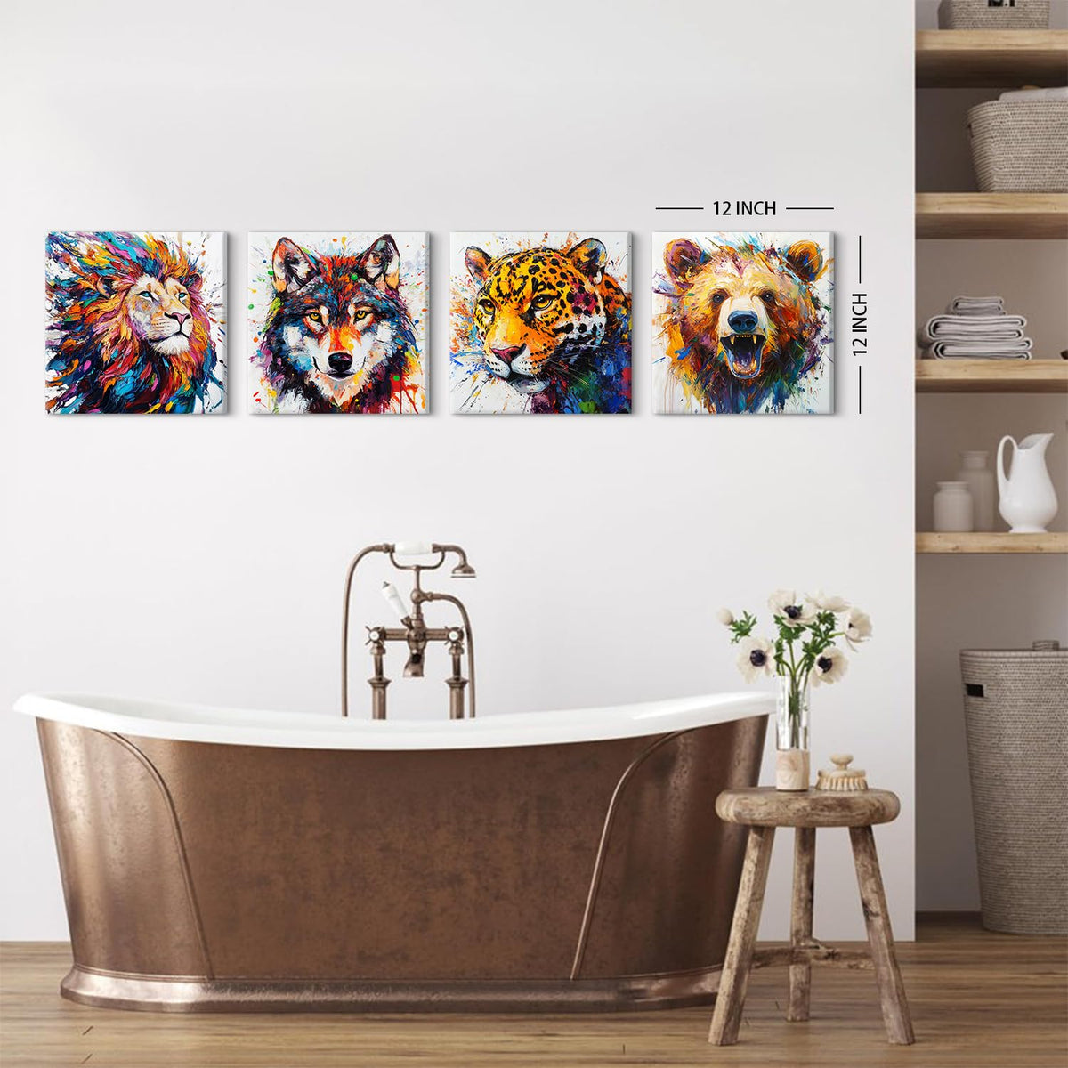 Animal Canvas Wall Art Boys Room Decor Abstract Colourful Lion Wolf Bear Tiger Pictures Kids Bedroom Watercolor Graffiti Animals Posters Nursery Paintings Toddler Artwork Framed Decorations 12x12”4Pcs (12"L x 12"W / Animal)