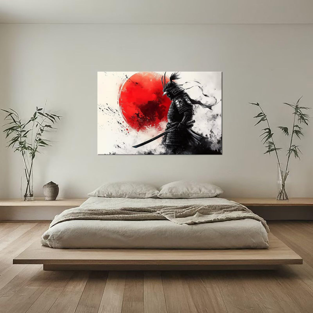 Blood Moon Samurai Silhouette Ink Splash Canvas Framed Wall Art (12"L x 16"W / Samurai27)