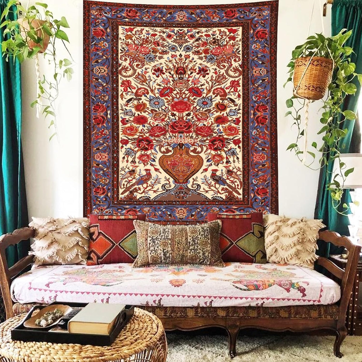 Bohemian Floral Art Tapestry Wall Hanging (A- Red Flowers Vintage Tapestry / 79"L x 60"W)