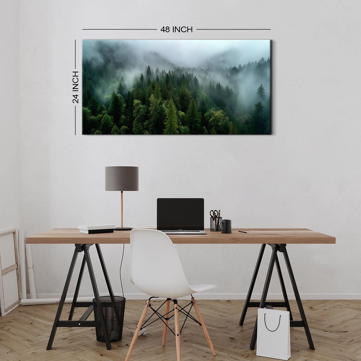 Misty Forest Wall Art Green Nature Landscape Canvas Picture Great Smoky Mountain Wall Decor for Living Room Bedroom Blue Ridge Foggy Scenery Prints Pine Trees Painting Office Home Decorations 24x48" (48"L x 24"W / Green Forest)