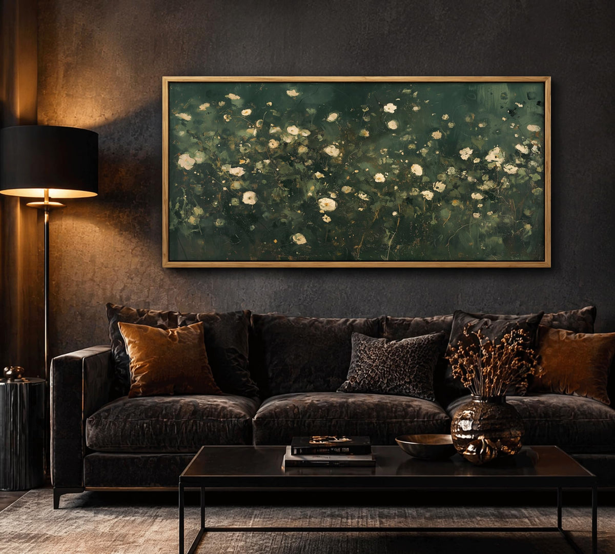 Large Abstract Floral Wall Art Dark Green White Botanical Wildflower Wall Decor Emerald Green Wildflower Painting for Living room Balcony Hotel Entryway Bedroom Home Decoration (Green Flower / 32"L x 16"W)
