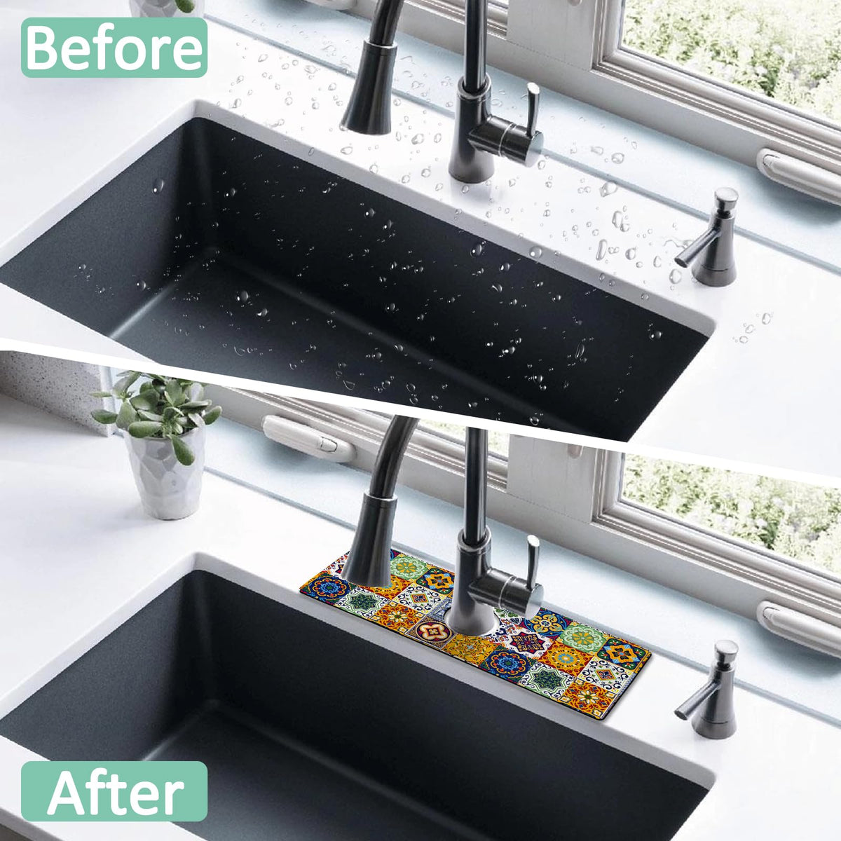Kitchen Sink Splash Guard Faucet Mat 15" X 5.5" Talavera Mexican Tiles Absorbent Fast Drying Mat Faucet Draining Mat Sink Splash Guard Behind Faucet Drip Catcher for Kitchen Bathroom (15*5.5in / tile01)
