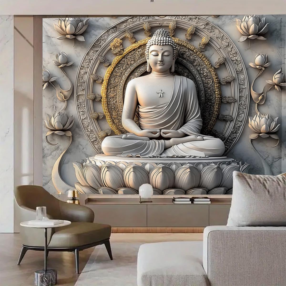 Vintage Sitting Buddha Tapestry Wall Hanging Buddhist Statue Tapestries Lotus Meditation Wall Decor Psychedelic Indian Zen Art for Bedroom Living Room Home Decor (Beige / 59"L x 51"W)