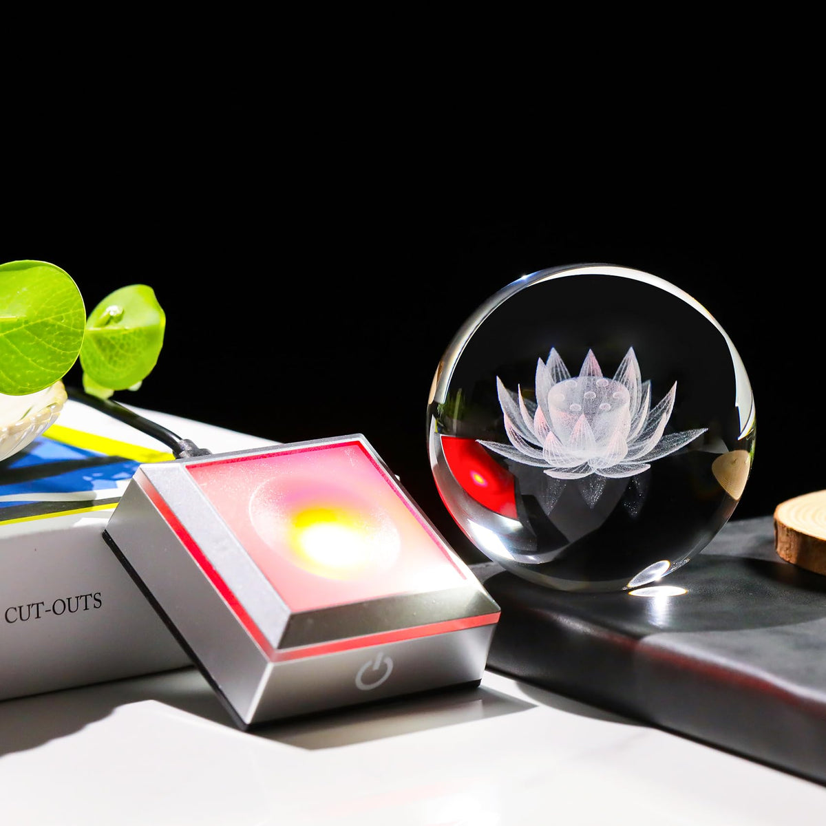 Crystal 3.14 Engraving Lotus Flower Figurine Ball with Colorful LED Base (Lotus)