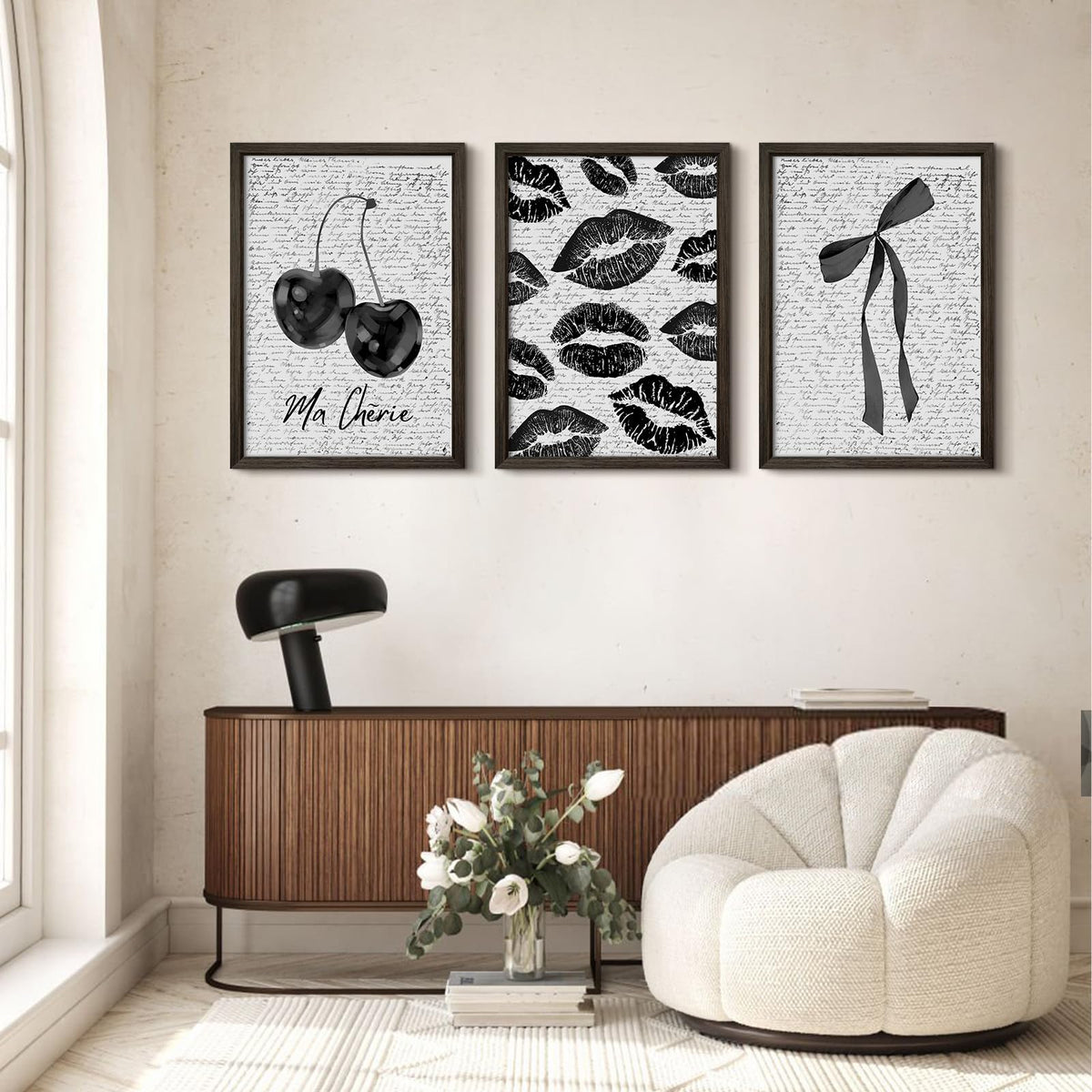 Black White Aesthetic Wall Art Coquette Bow Fashion Canvas Wall Decor Preppy Cherry Posters Vintage Girl Room Decor Bow Pictures Trendy Lips Kiss Prints for Girly Bedroom 16x24 Inch Framed 3Pcs (Black Lips Prints / 16x24 Inch Framed)