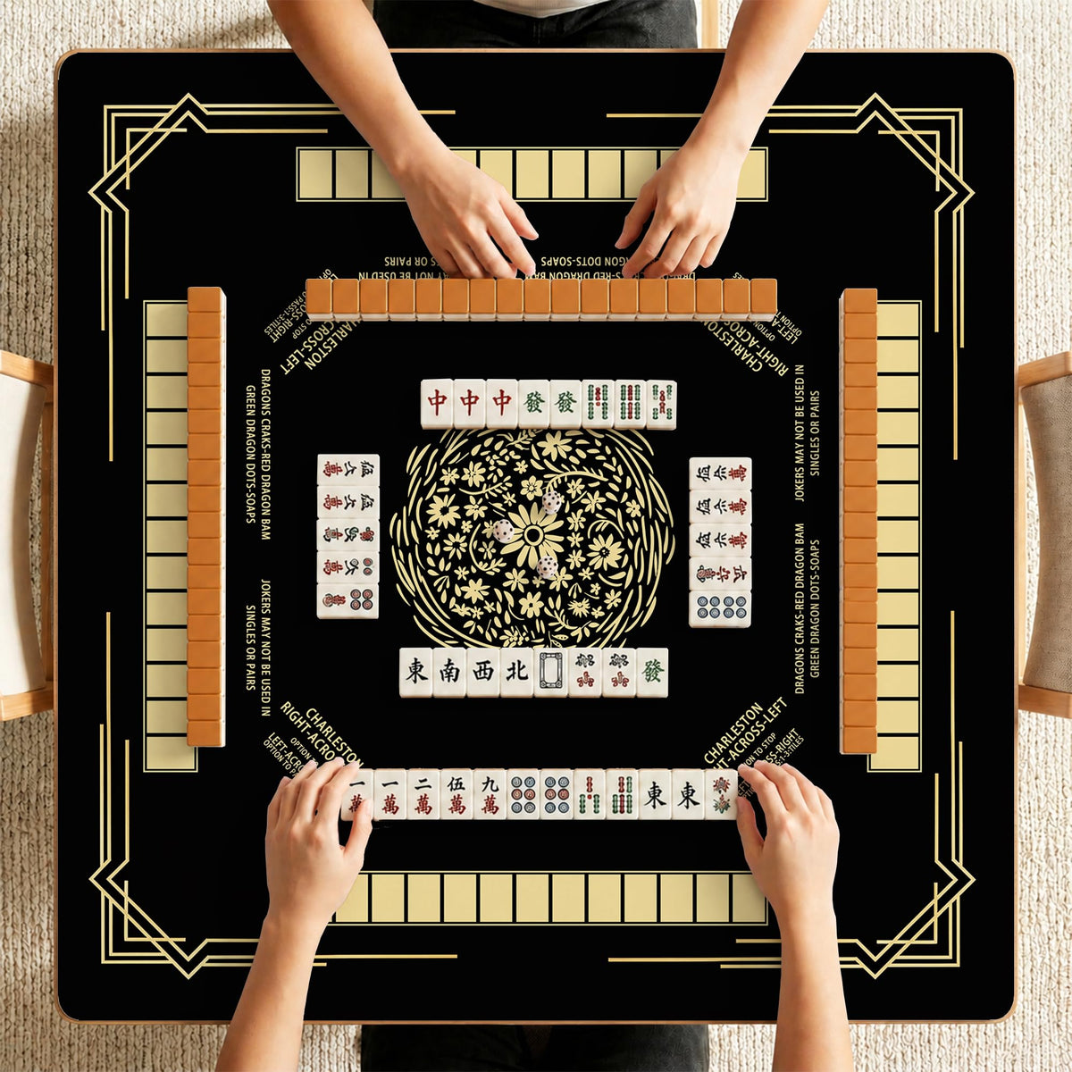 Black and Gold Floral Mahjong Mat 31.5" x 31.5" (Black and Gold Mahjong 2)
