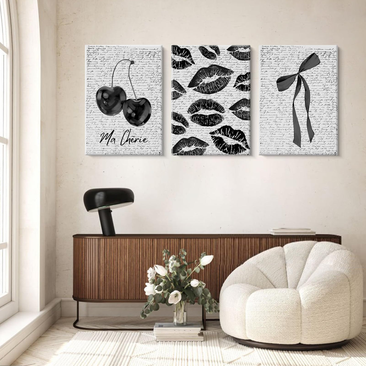 Black White Aesthetic Wall Art Coquette Bow Fashion Canvas Wall Decor Preppy Cherry Posters Vintage Girl Room Decor Bow Pictures Trendy Lips Kiss Prints for Girly Bedroom 12x16 Inch Ready to Hang 3pcs (Black Lips Prints / 12x16 Inch Wrapped Canvas)