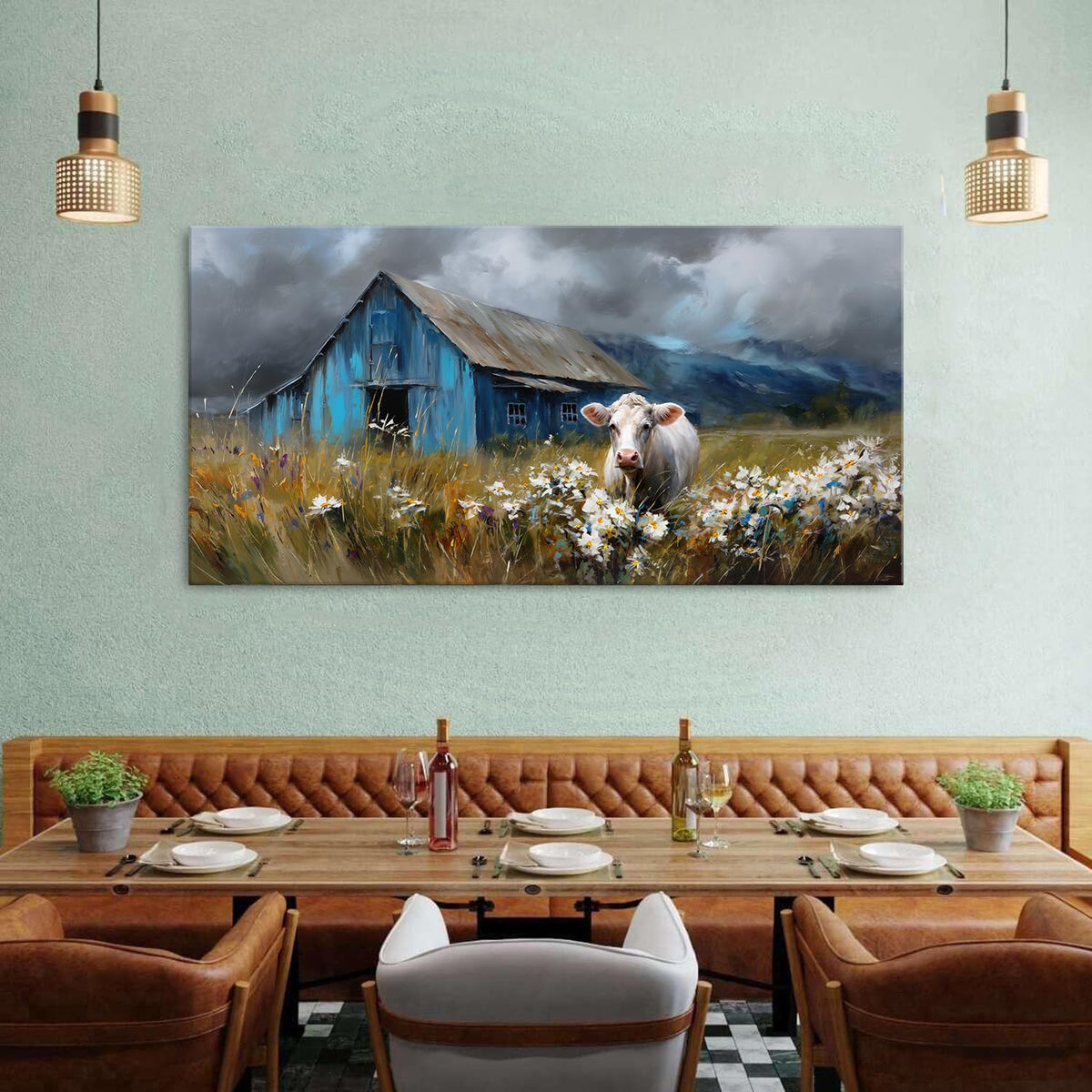 Rustic Farmhouse Wall Art Cow and Blue Barn Canvas Pictures Country Landscape Wall Decor Wildflower Field Painting Farm Animal Artwork for Living Room Dining Room Bedroom Home Decoration 30x60 (60"L x 30"W / Farmhouse)