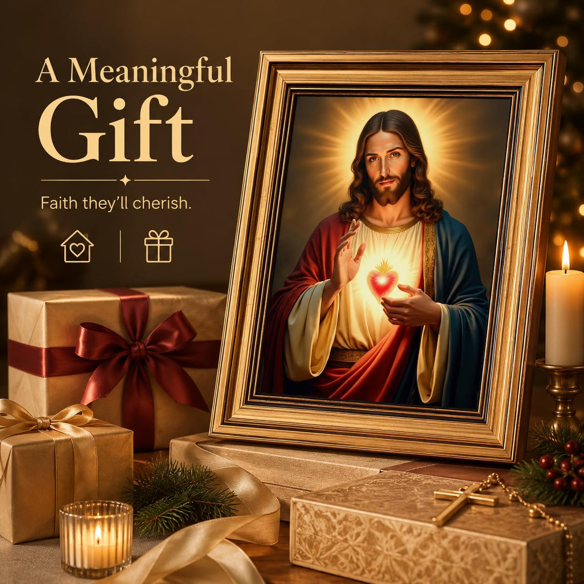 Vintage Gold Framed Sacred Heart Jesus Canvas Wall Art 9x11In (Jesus A / 11"L x 9"W)