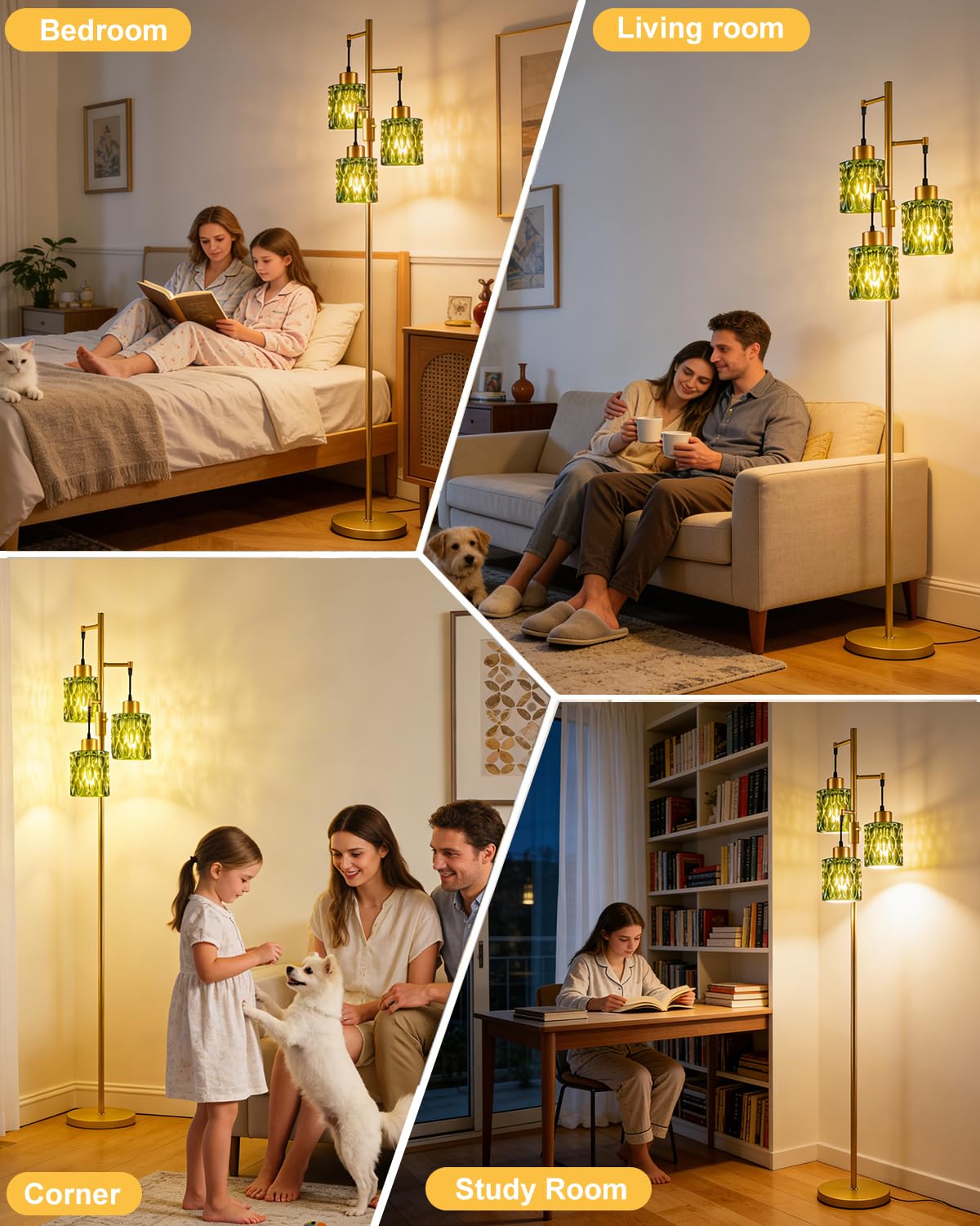 Green Glass Floor Lamp Farmhouse Gold Floor Lamps for Living Room (3 Green Cylinder-Gold)