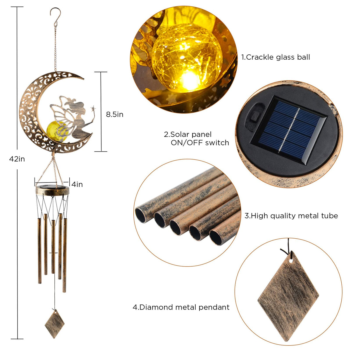 Solar Wind Chimes Moon Fairy Hanging Outdoor Decor Crackle Glass Ball Warm Memorial Wind Chimes Light Patio Lawn Yard Gardening Gift for mom for Grandma Gifts Christmas Decorations (Moon Fairy)